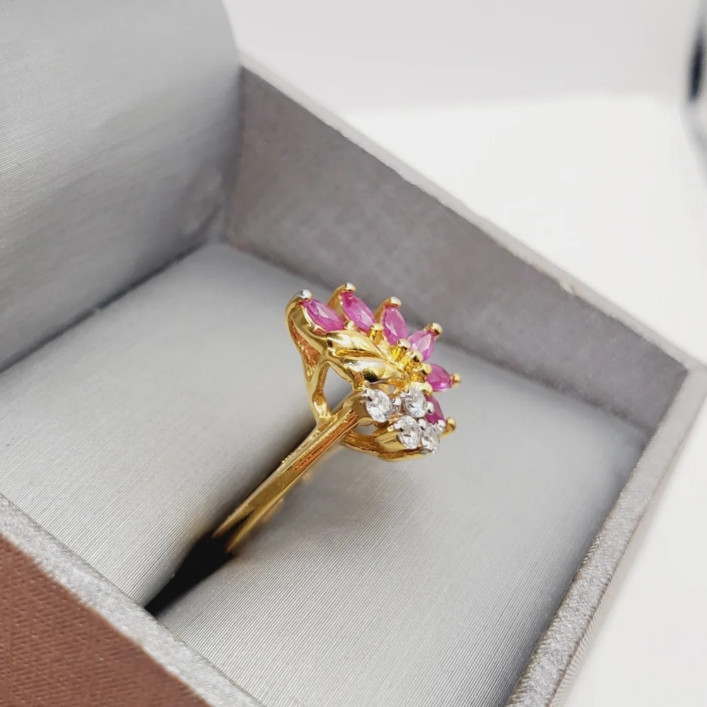 Genuine Marquise Pink Ruby - Simulated Diamonds - 18k Yellow Gold Plated Ring
